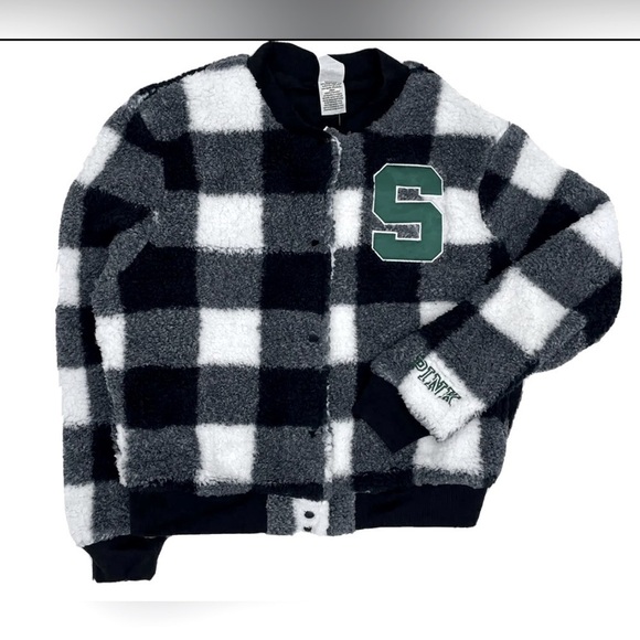 Victoria’s Secret PINK Sherpa Michigan State Spartans Checkered Jacket - Picture 1 of 10